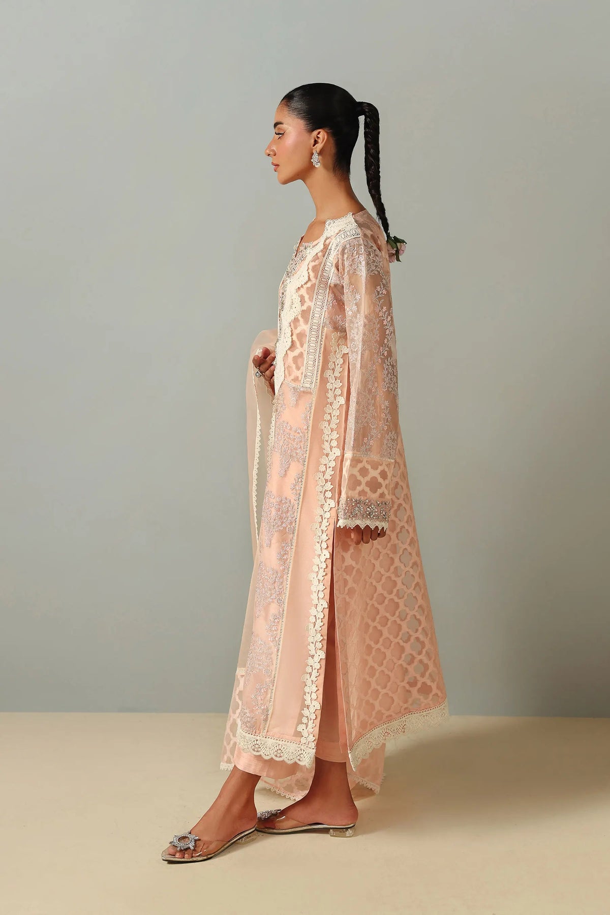 Lacy Peach Kurta Set (D-16)