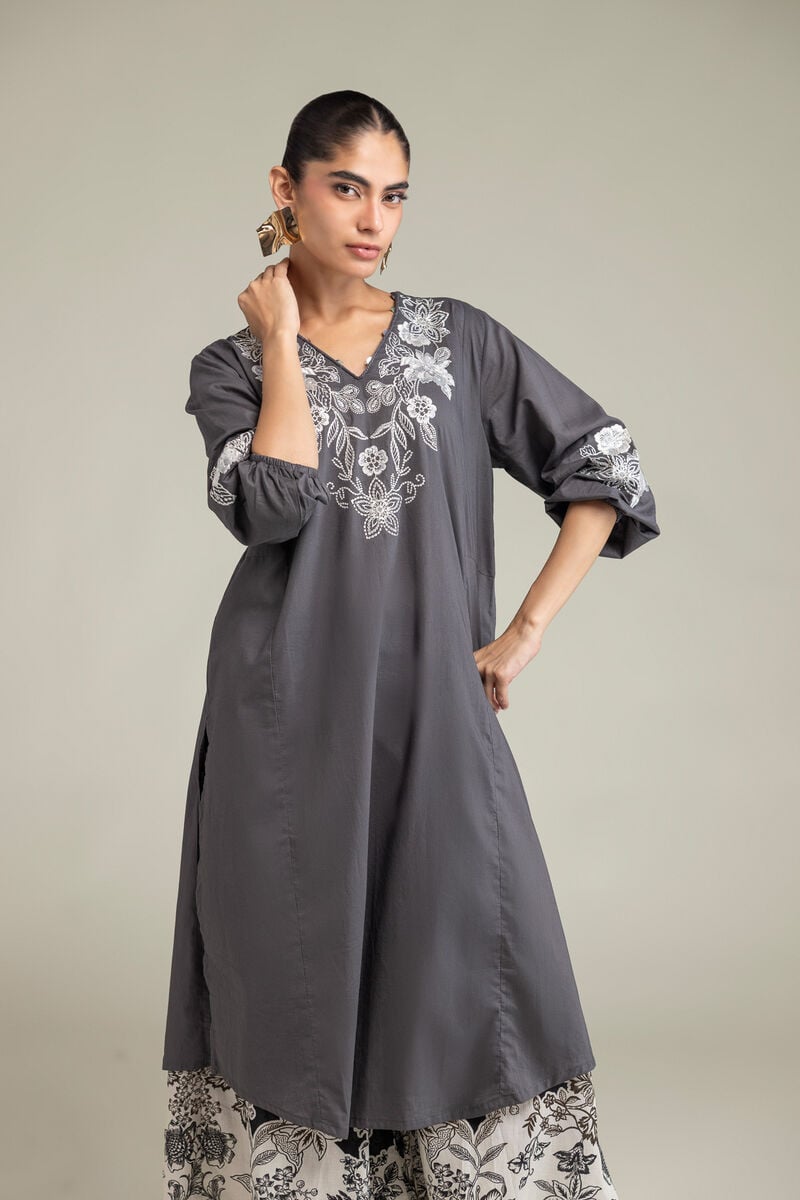 Gray V-neck Kurta