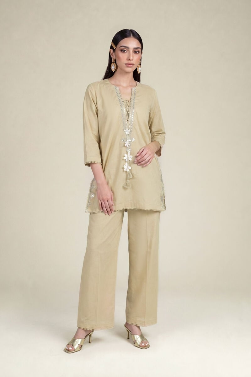 Beige Solid Pants