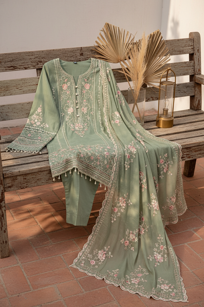 Premium Lawn 3 Piece Suit - Sage Green Embroidered