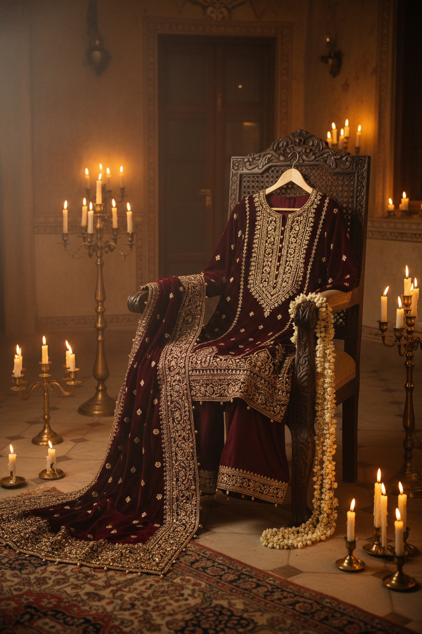 Royal Velvet 3 Piece Suit - Deep Maroon Embroidered