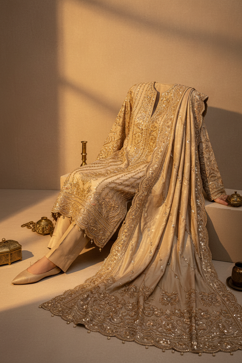 Luxury Pure Silk 3 Piece Suit - Champagne Gold Embellished