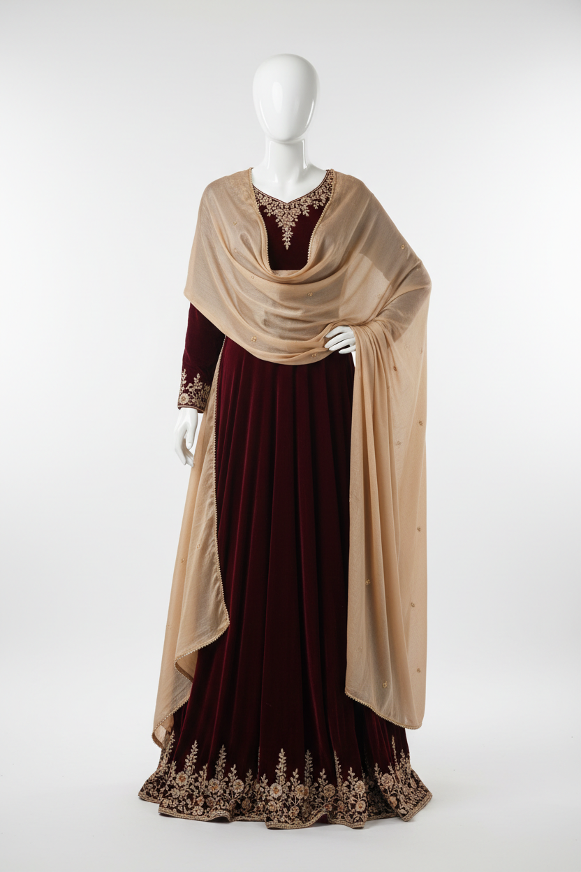 Velvet Maxi & Silk Shawl - Maroon & Fawn