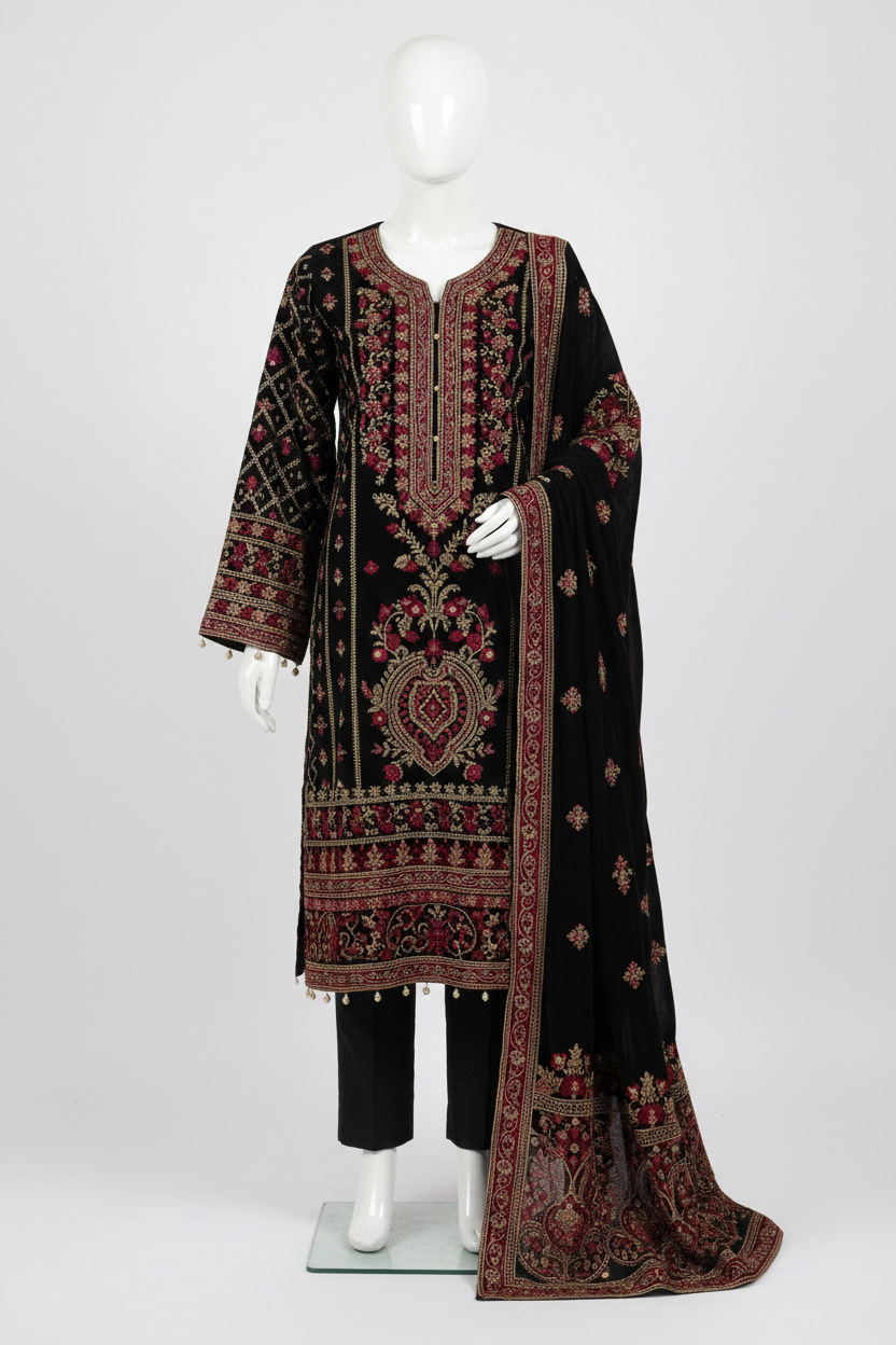 Velvet 3 Piece Suit - Black & Maroon