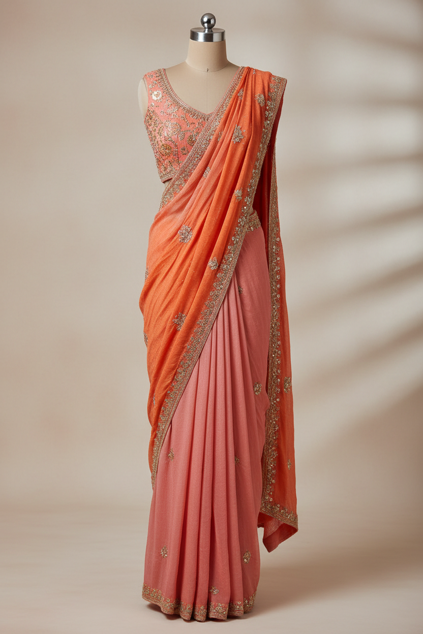 Crinkle Chiffon Sari 3 pc. - Orange & Pink Main image