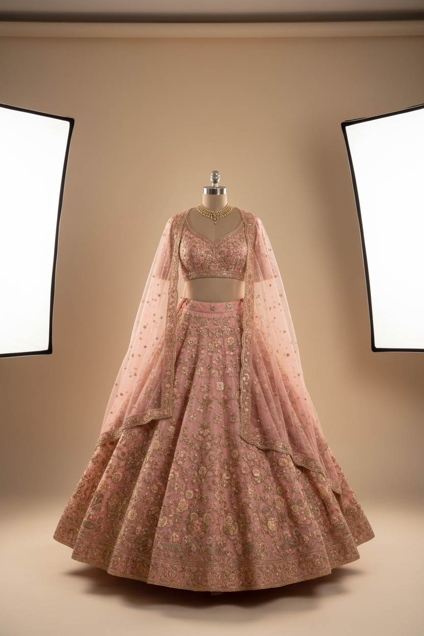 Luxurious bridal lehenga in soft rose pink organza with intricate gold zardozi and dabka hand embroidery, flared skirt, heavily embellished choli, and matching net dupatta
