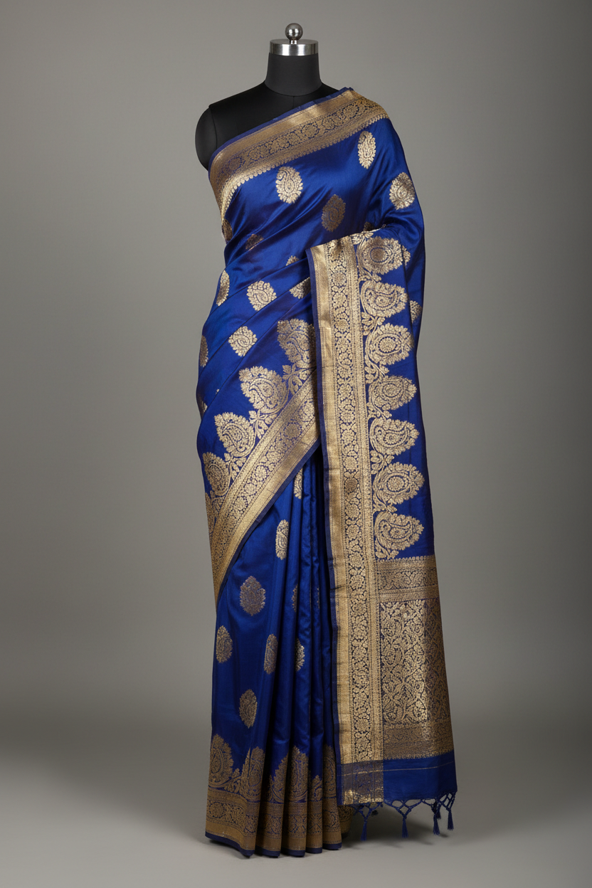 Handwoven Banarsi pure silk saree in royal blue with gold zari weaving and paisley motifs