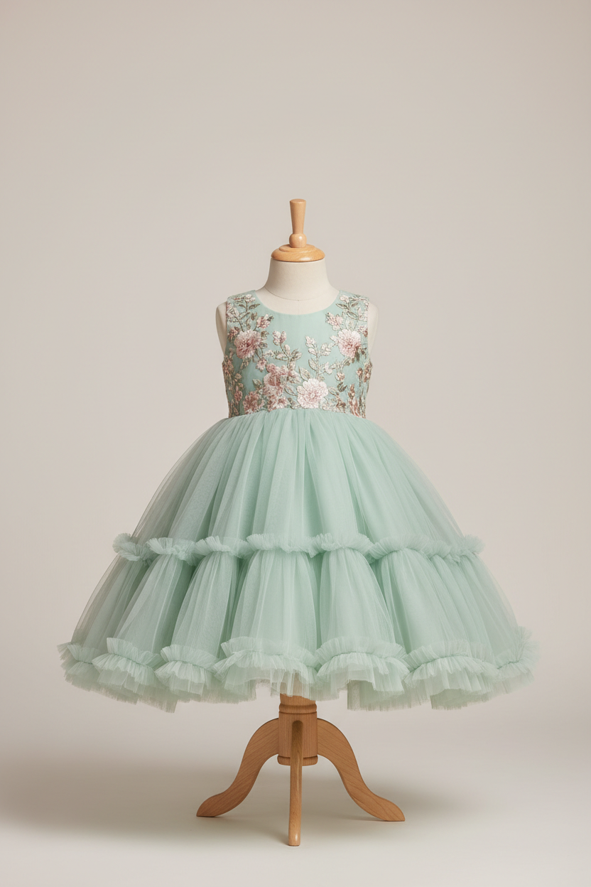 Soft mint green little girl's festive frock with floral embroidery and flared layered hem on child mannequin
