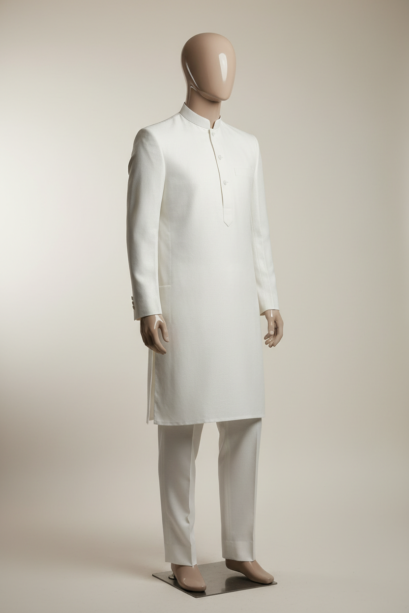 Men's traditional kameez shalwar suit in pearl white wash and wear fabric on male mannequin