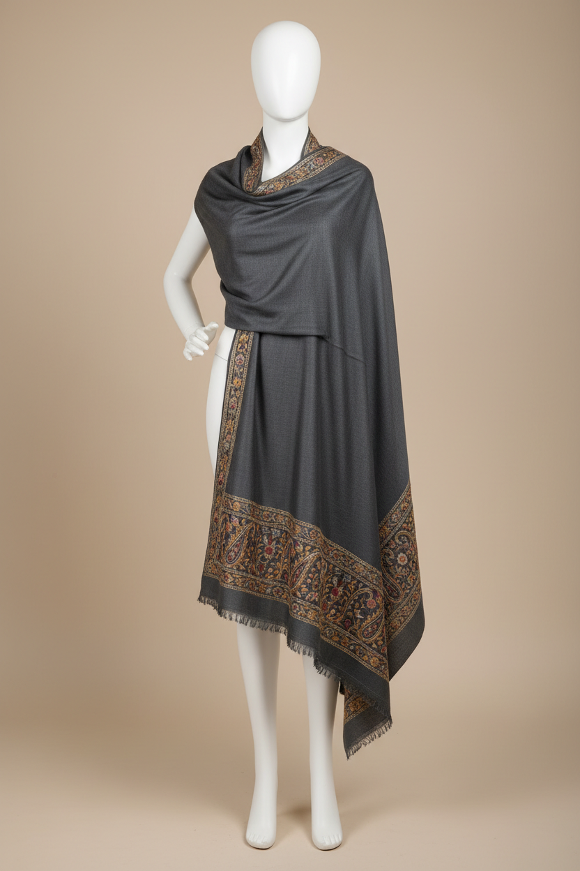 Premium Kashmiri pashmina shawl in deep charcoal grey with intricate sozni hand embroidery along the borders, elegantly draped on a mannequin