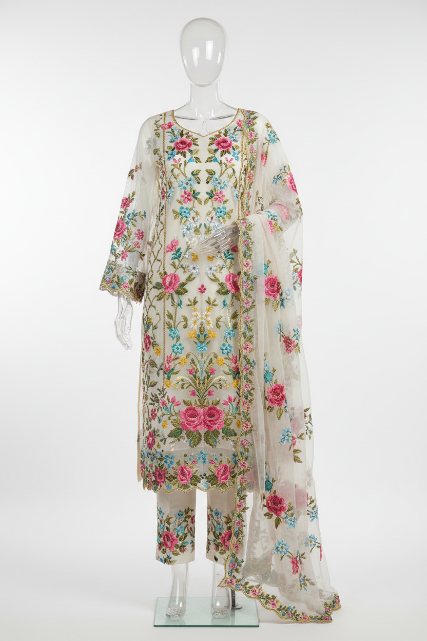 Organza 3 Piece - Off-white with Multicoloured Embroidery