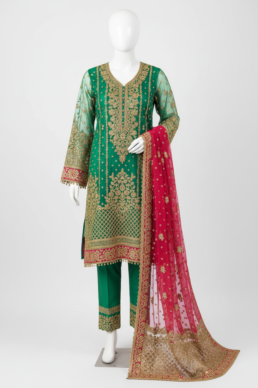 Tilla Embroidered Net 3 Piece - Green & Pink