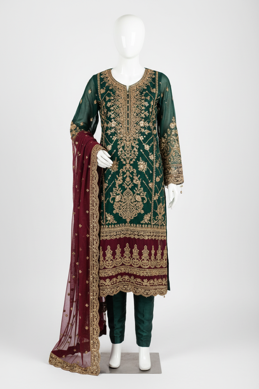 Chiffon & Net Embroidered 3 Piece - Dark Green & Maroon