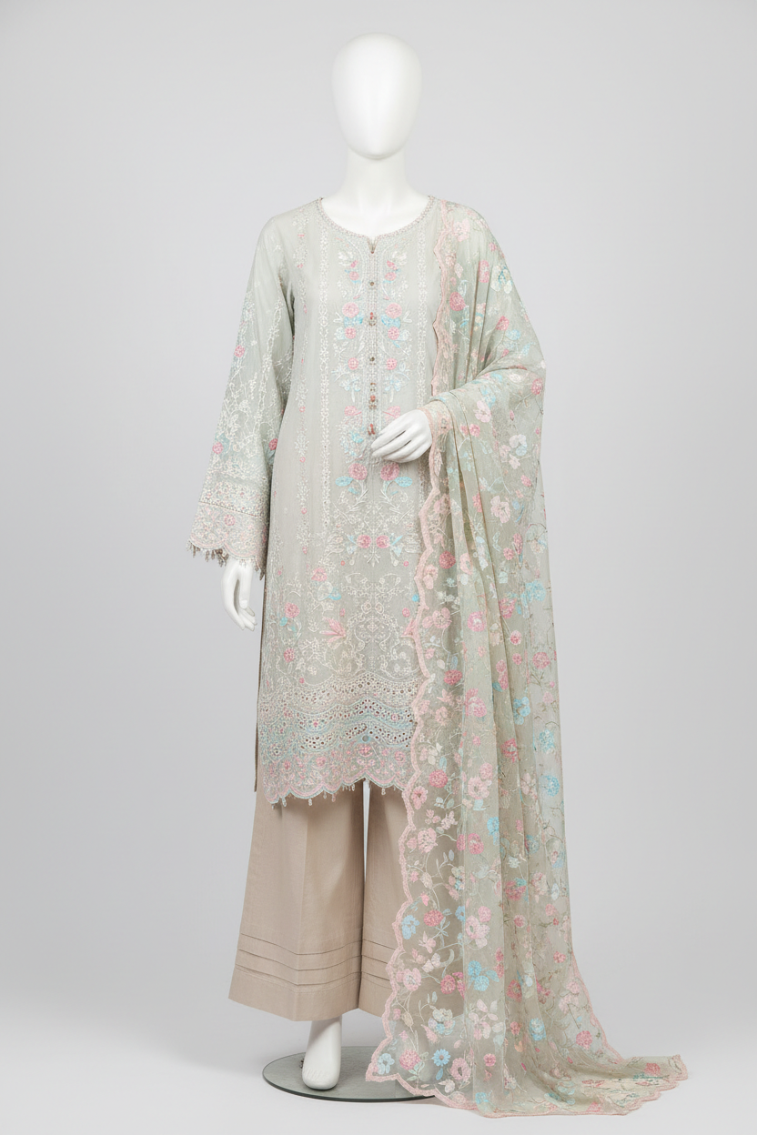 4pc Swiss Lawn Embroidered and Chicken Kari Suit Main image