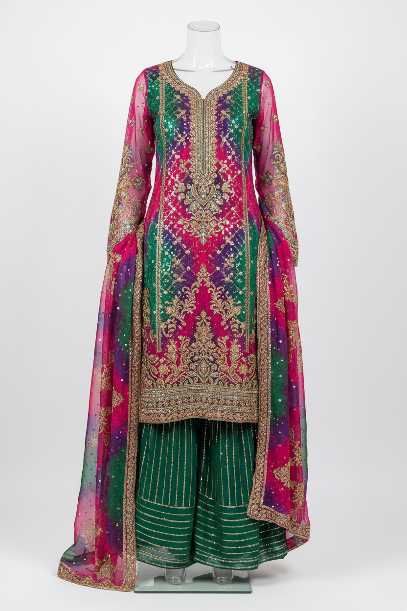 Chiffon 3 Piece - Shocking Pink, Green & Purple